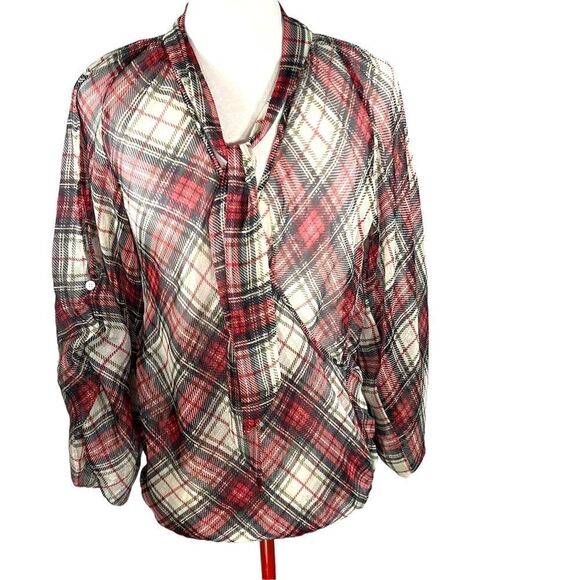 Tristan Sheer Red Black Green Gold and Grey Plaid Wrap FrontTie Blouse Size XS - Picture 3 of 13